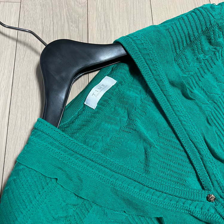 한섬 타임 TIME 퍼프소매 반팔 니트 가디건 브이넥 그린 초록 프릴 러플 여름 이미지