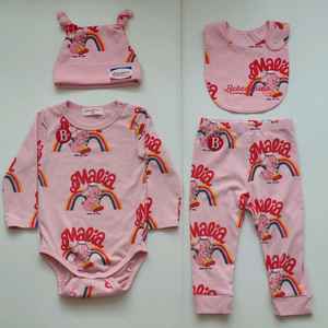 [90사이즈] 25년ss 베베드피노 핑크 엘리펀트 바디수트 4종 세트 (바디수트, 바지, 턱받이, 모자 셋업) 이미지