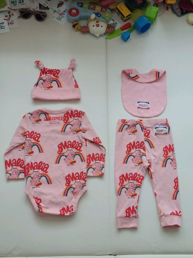 [90사이즈] 25년ss 베베드피노 핑크 엘리펀트 바디수트 4종 세트 (바디수트, 바지, 턱받이, 모자 셋업) 이미지