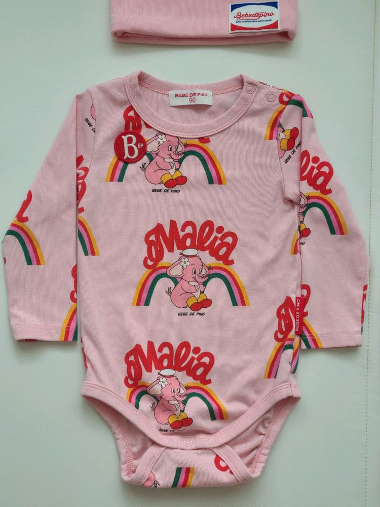[90사이즈] 25년ss 베베드피노 핑크 엘리펀트 바디수트 4종 세트 (바디수트, 바지, 턱받이, 모자 셋업) 이미지