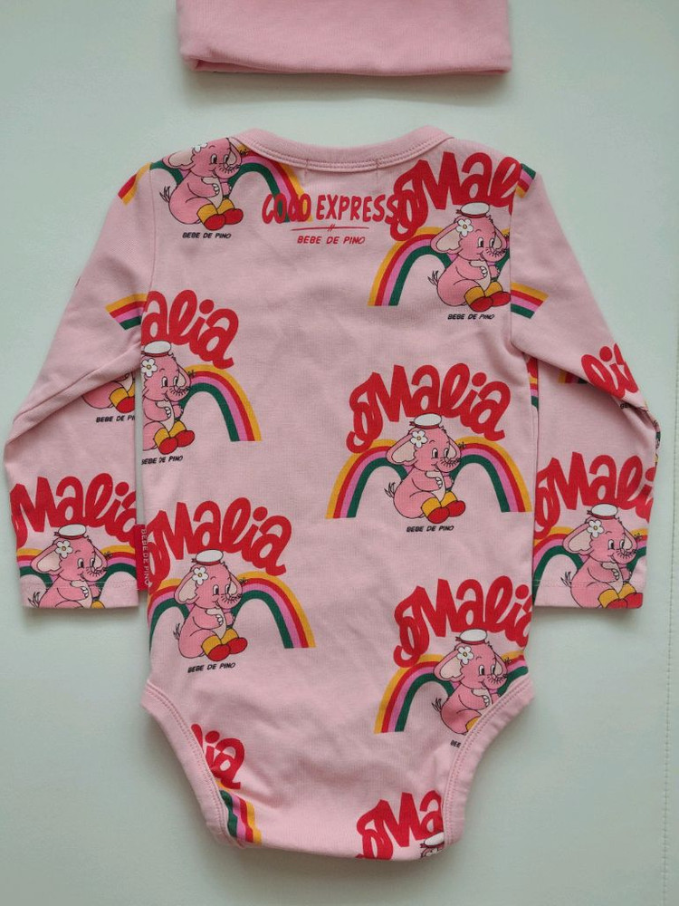 [90사이즈] 25년ss 베베드피노 핑크 엘리펀트 바디수트 4종 세트 (바디수트, 바지, 턱받이, 모자 셋업) 이미지