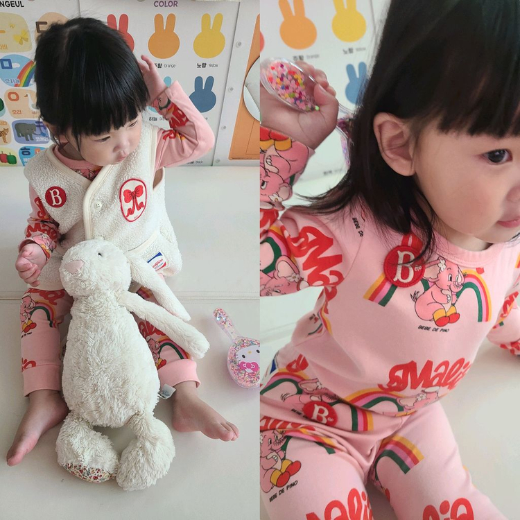 [90사이즈] 25년ss 베베드피노 핑크 엘리펀트 바디수트 4종 세트 (바디수트, 바지, 턱받이, 모자 셋업) 이미지