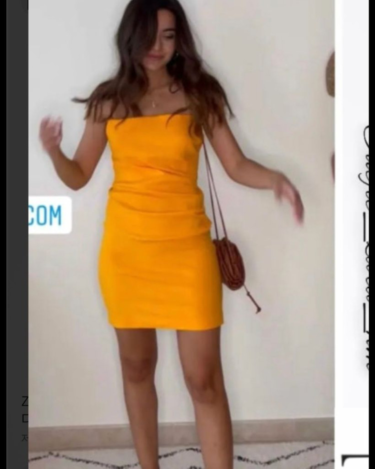77사이즈) 자라 오렌지 셔링 미니 슬리브리스 린넨 원피스 비치나시원피스 이미지