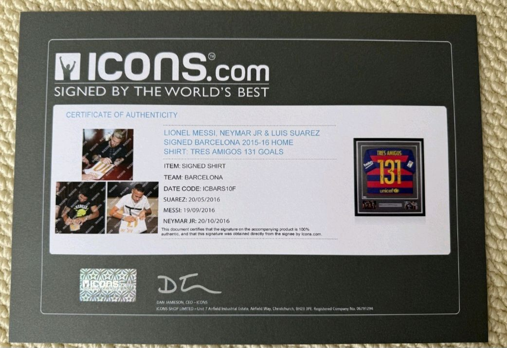 15-16 바르셀로나 MSN 메시 수아레즈 네이마르 아이콘즈 인증 사인 유니폼 판매 이미지