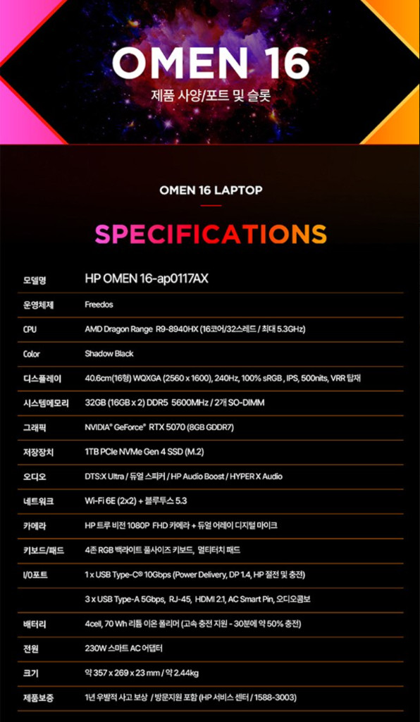 HP OMEN 16 / R9 8940HX / RTX 5070 / 32GB / 거의 새제품 / 풀박스 이미지