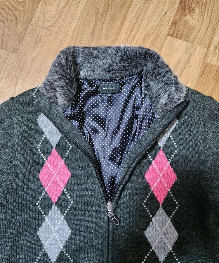 Male&co 집업 니트 가디건 아가일무늬 그레이 컬러 이미지