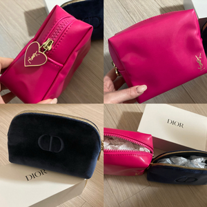 디올 벨벳 파우치 네이비 / 입생로랑 핑크 사각 파우치 / 맥 메이크업포에버 헤라 필리밀리 키링 이미지