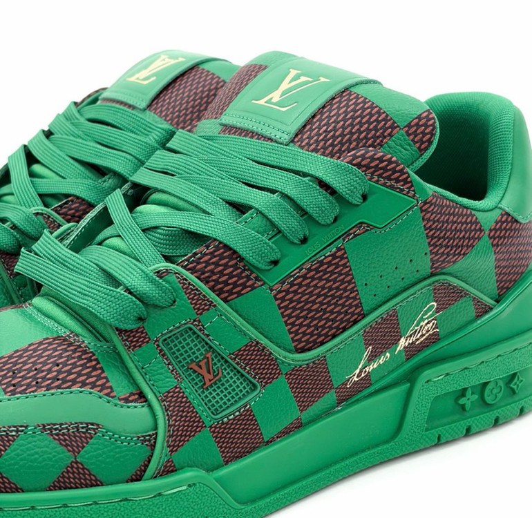 [9.5] 루이비통 남성 LV 트레이너 퍼렐 다미에 팝 스니커즈 그린 이미지