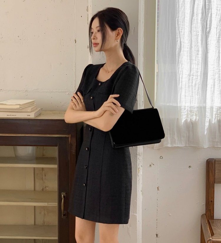 에드모어 트위드 반팔 미니원피스 블랙S 결혼식 하객룩 키작녀 롱부츠코디 이미지