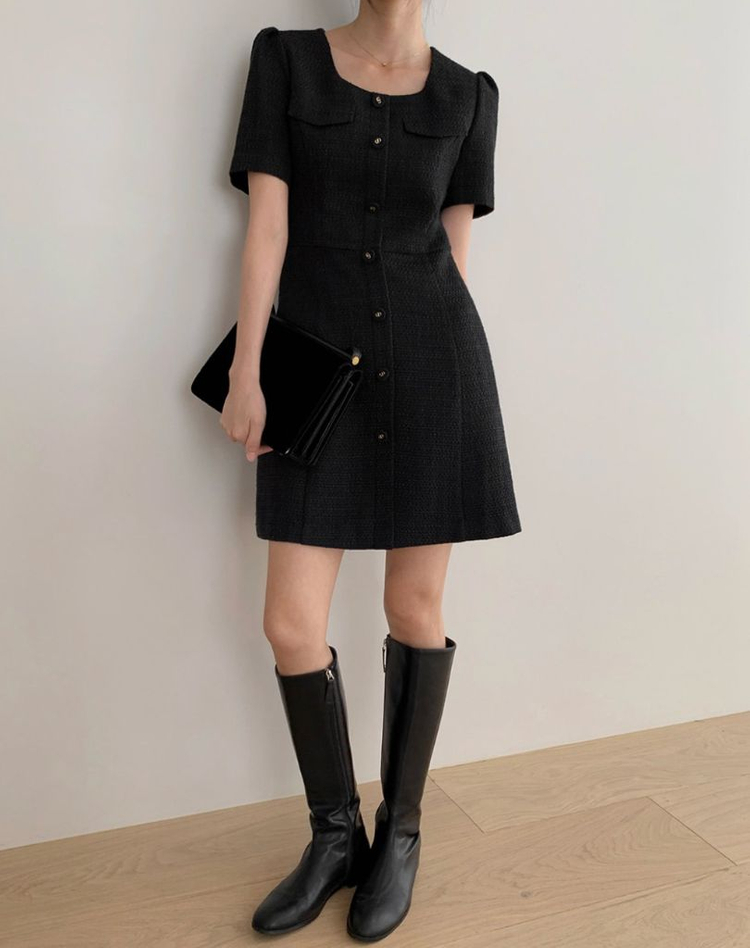 에드모어 트위드 반팔 미니원피스 블랙S 결혼식 하객룩 키작녀 롱부츠코디 이미지