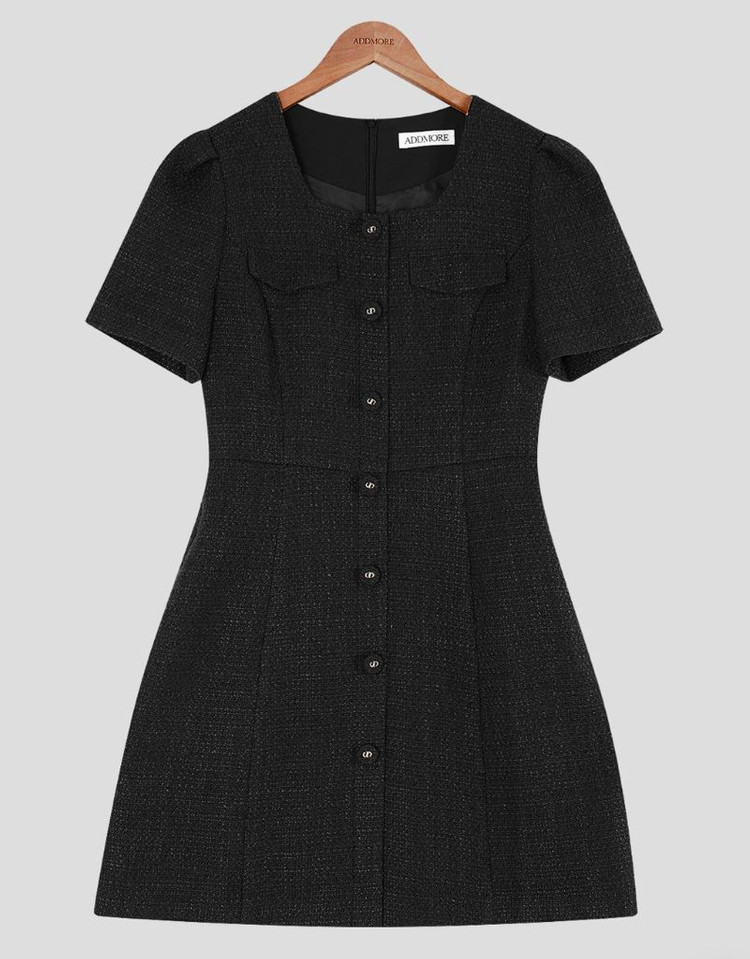 에드모어 트위드 반팔 미니원피스 블랙S 결혼식 하객룩 키작녀 롱부츠코디 이미지