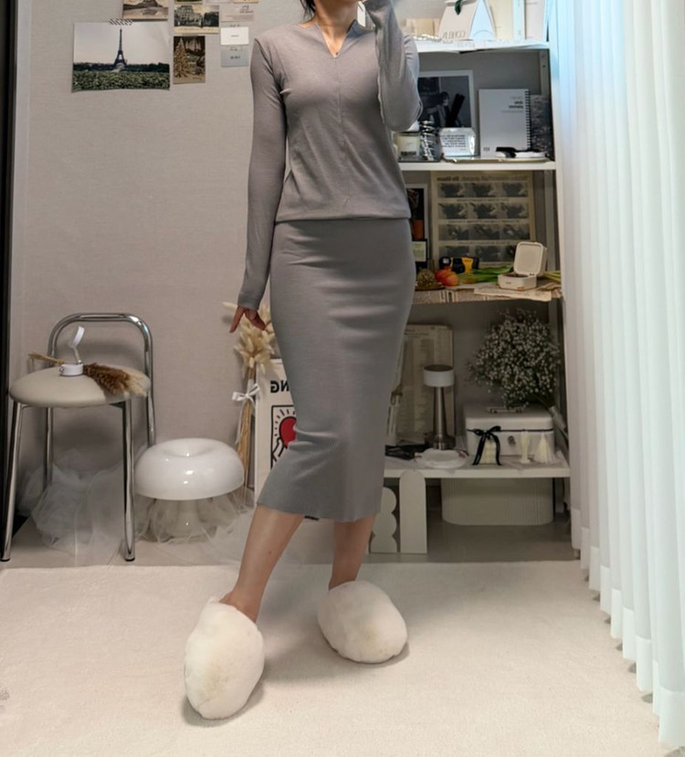 골지 투피스 H라인 스커트 브이넥 긴팔티 그레이 회색 세트 스판 글램 이미지
