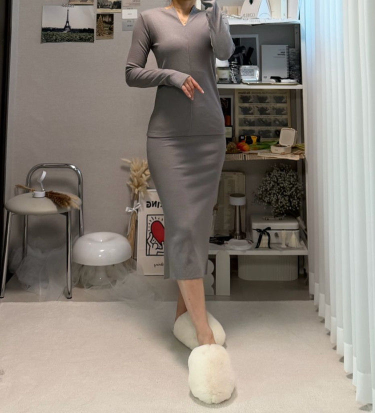 골지 투피스 H라인 스커트 브이넥 긴팔티 그레이 회색 세트 스판 글램 이미지