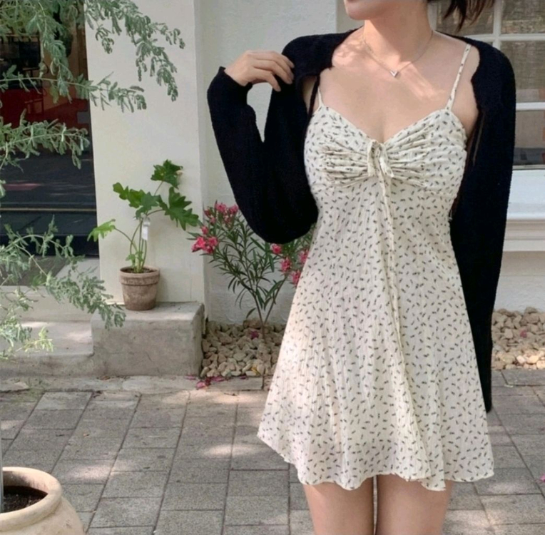 새상품) 투웨이 리본 셔링 뷔스티에 나시 미니 원피스 이미지