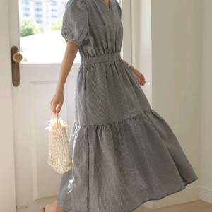 새상품) 시원한 지지미 체크 셔링 백리본 퍼프 롱원피스 이미지