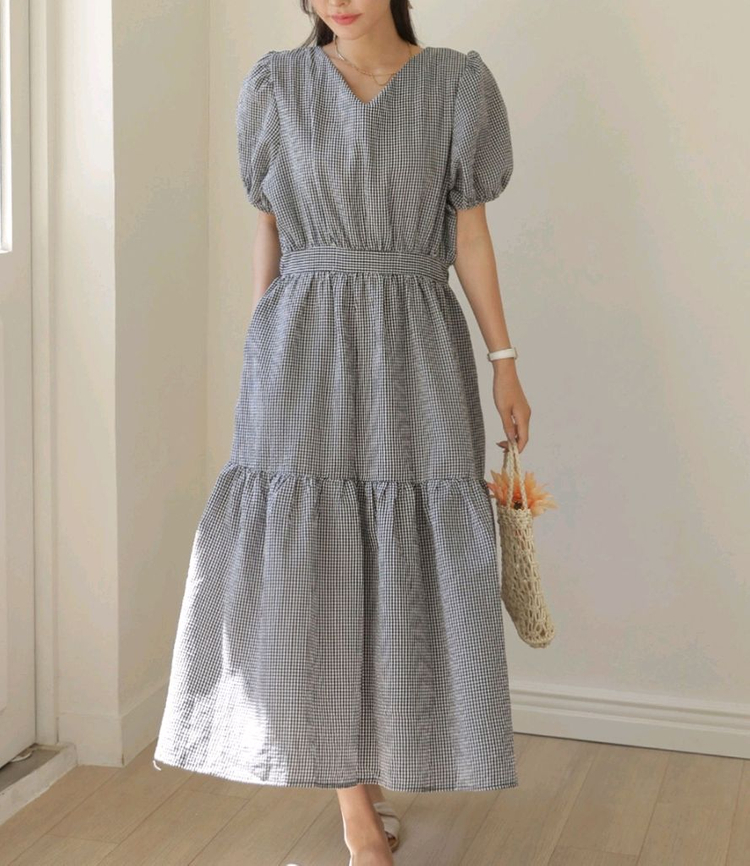 새상품) 시원한 지지미 체크 셔링 백리본 퍼프 롱원피스 이미지