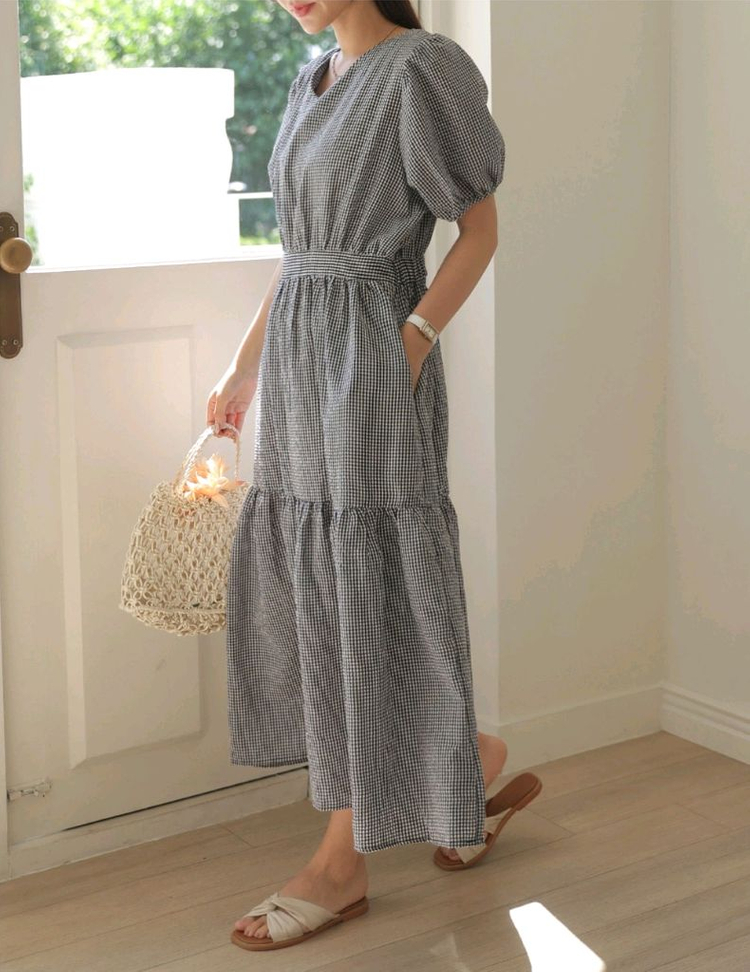 새상품) 시원한 지지미 체크 셔링 백리본 퍼프 롱원피스 이미지