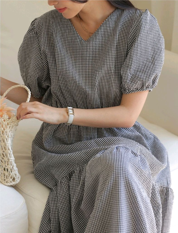 새상품) 시원한 지지미 체크 셔링 백리본 퍼프 롱원피스 이미지