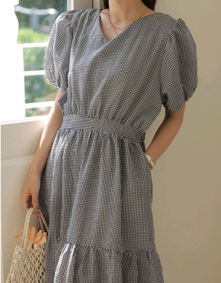 새상품) 시원한 지지미 체크 셔링 백리본 퍼프 롱원피스 이미지