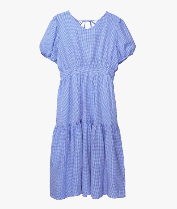 새상품) 시원한 지지미 체크 셔링 백리본 퍼프 롱원피스 이미지