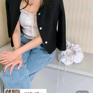 택달린새상품) 미엘 miel 브레스자켓 블랙 노카라 7부 숏 트위드 이미지