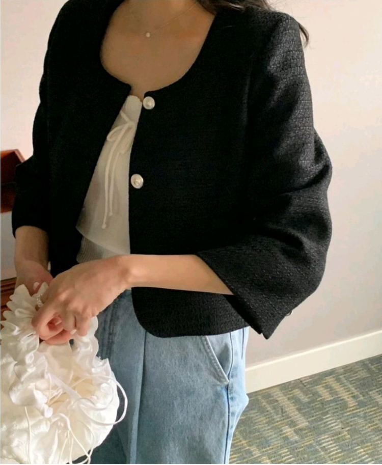 택달린새상품) 미엘 miel 브레스자켓 블랙 노카라 7부 숏 트위드 이미지