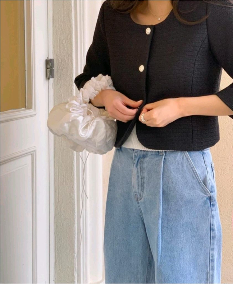 택달린새상품) 미엘 miel 브레스자켓 블랙 노카라 7부 숏 트위드 이미지