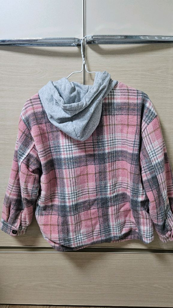 150 여아 핑크체크 기모 후드남방 셔츠 자켓 이미지