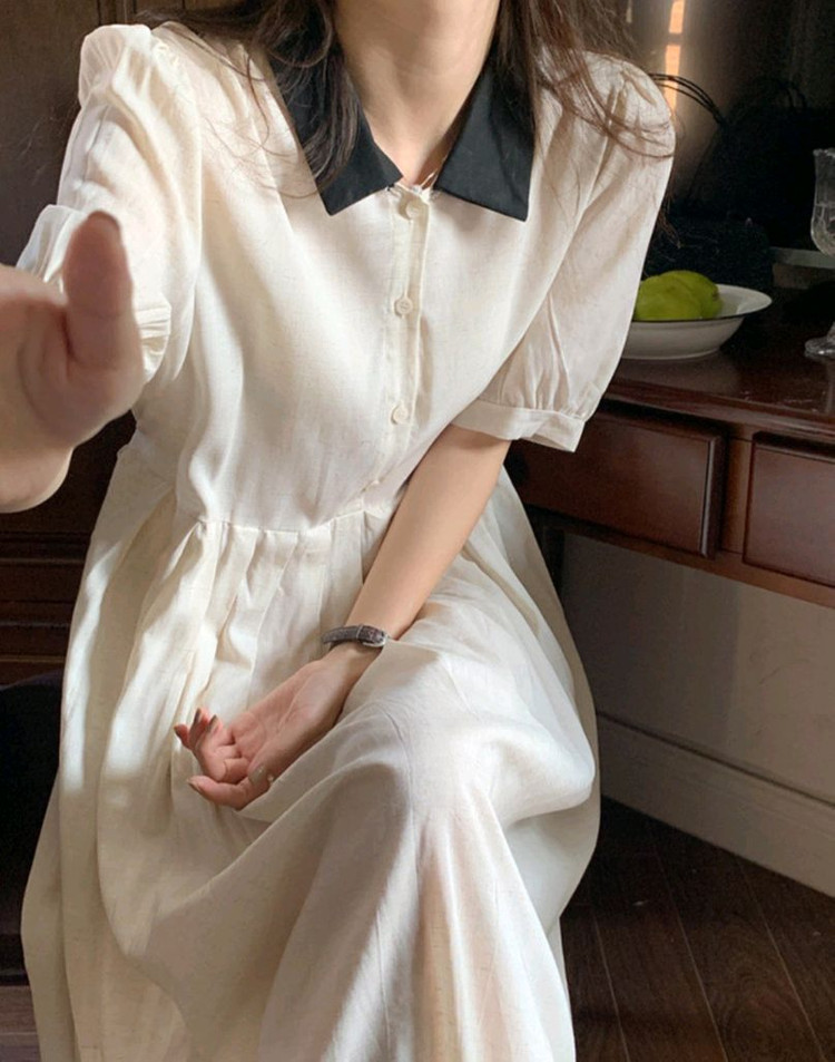 린넨 배색카라 버튼 플리츠 롱원피스 44-66반 이미지