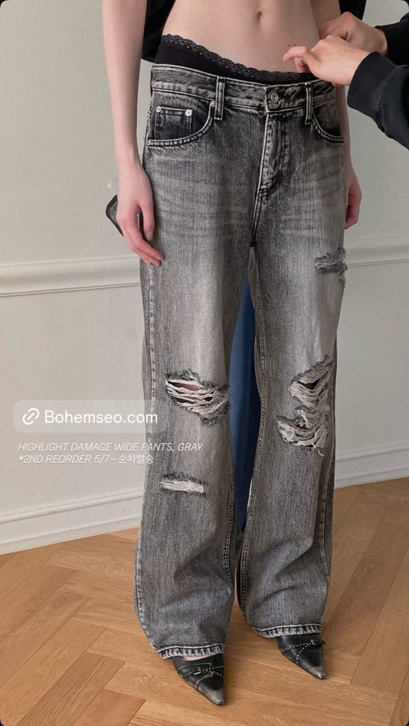 미시착 새상품) 보헤미안서울 하이라이트 데미지 와이드 팬츠 그레이 s 이미지
