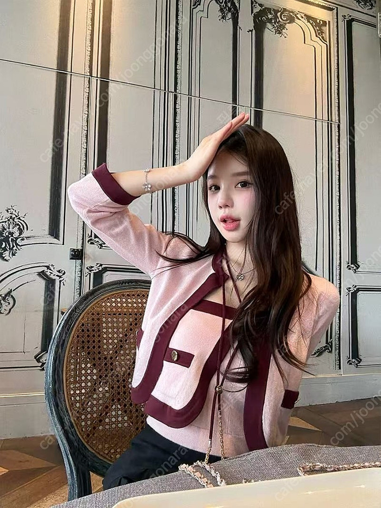 새상품 홀터넥 수입의류 튜브탑 니트가디건 배색 샤세트 이미지