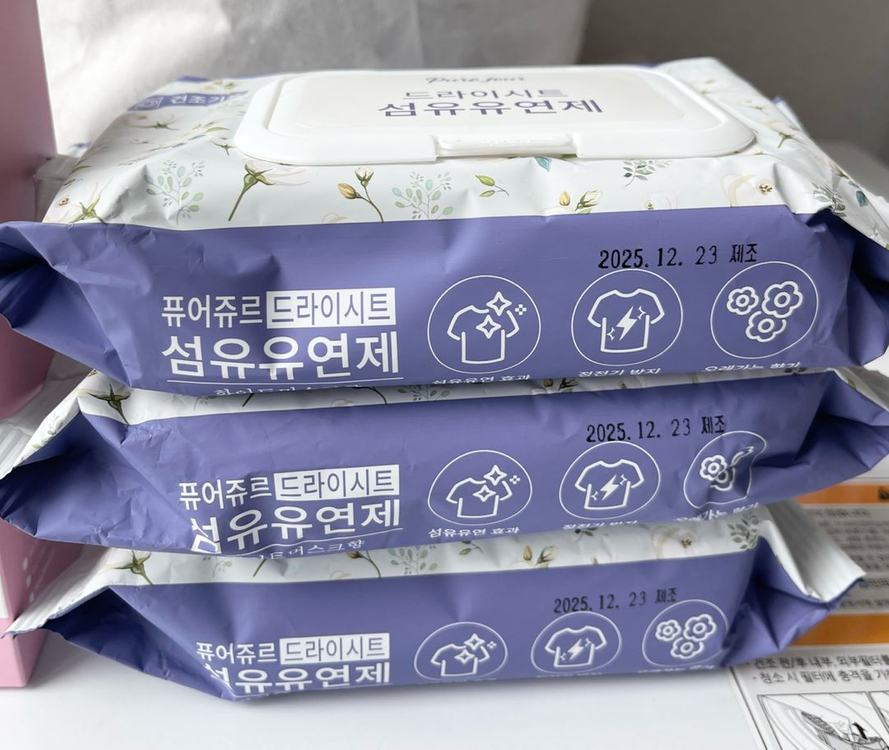 (미개봉새상품)퓨어주르 건조기시트,섬유유연시트(화이트머스크향)30매x3팩+갓성비 시트 31매 (총121매)일괄 이미지