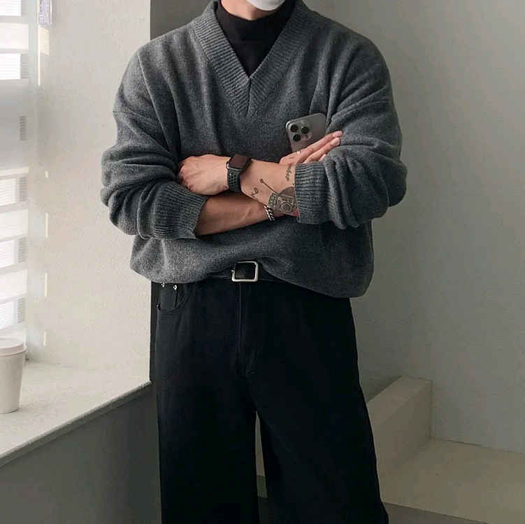 브이넥 니트 그레이 프리사이즈 이미지