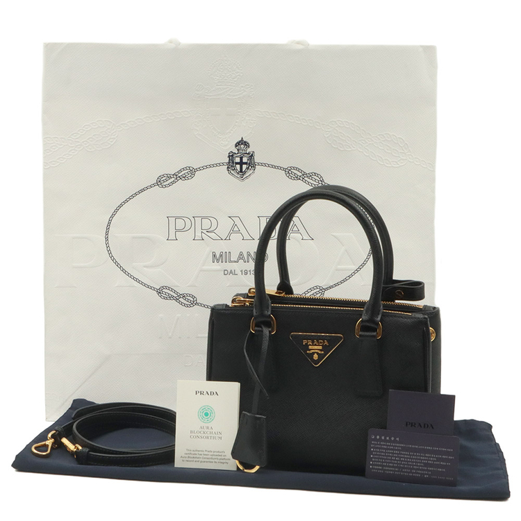 프라다 블랙 사피아노 럭스 금장 레터링 로고 갤러리아 미니 2WAY (내장칩) / 1BA906 이미지