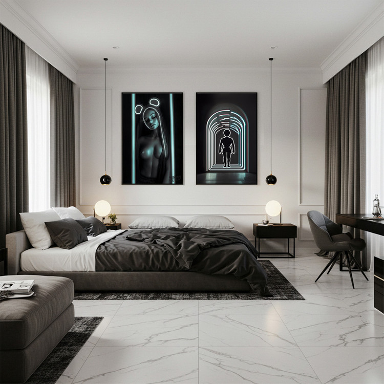 어둠 속의 자화상 그림 액자 팝아트 인테리어소품 캐릭터액자 인물화 아트포스터 감성적인 네온 조명 스타일 대형 인테리 이미지