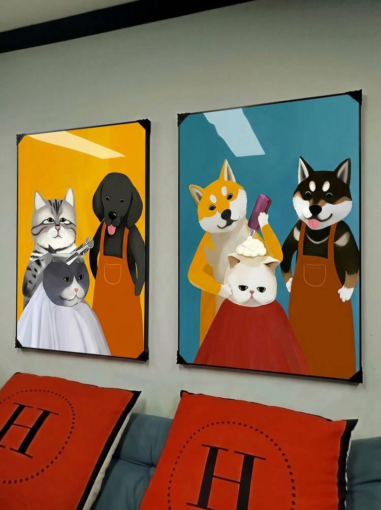 그림 액자 팝아트 인테리어소품 고양이그림 강아지액자 미용실 귀여운 동물 일러스트 거실 벽걸이 모던 액자 인테리어소품 이미지