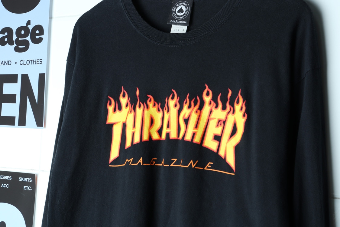 W(L-XL) 트레셔 긴팔티셔츠 불꽃 블랙 세미크롭 이미지