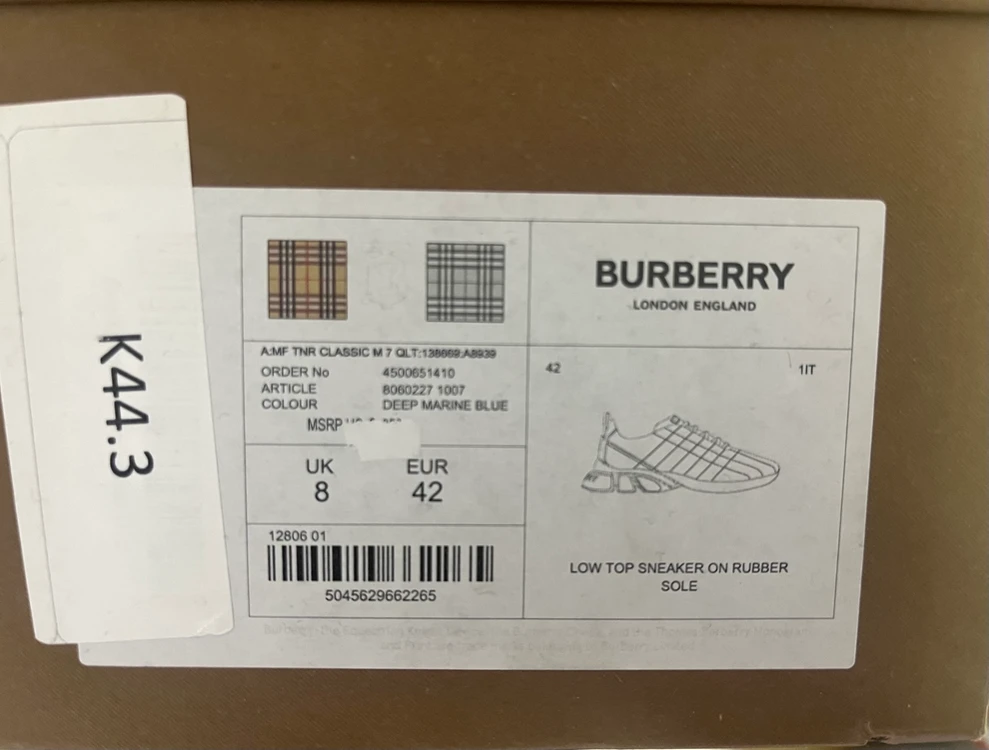 버버리 Burberry axburton 블루 체크 퀼팅 가죽 로고 스니커즈 270사이즈 새제품 이미지