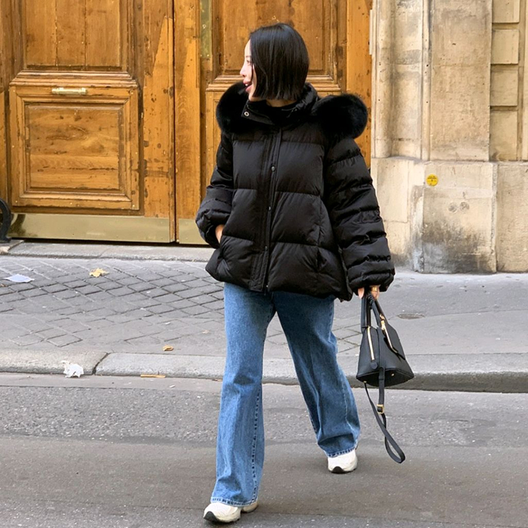 새상품) 어라운드율 안젤리나 구스 패딩 블랙 컬러 A라인 폭스퍼 이미지