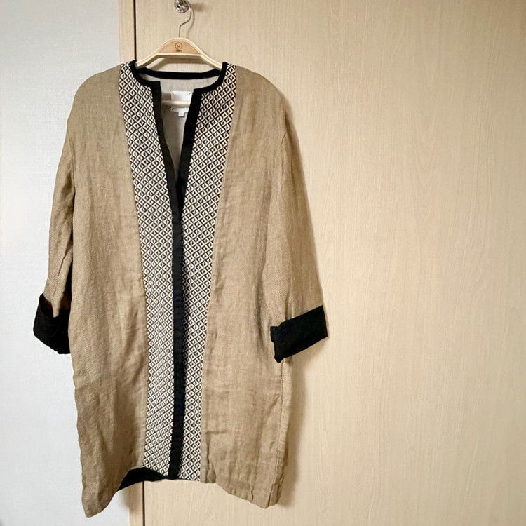 제평 루디아k 린넨100% 헤링본 배색 노카라 롱자켓 패턴 가디건 마 케이 이미지