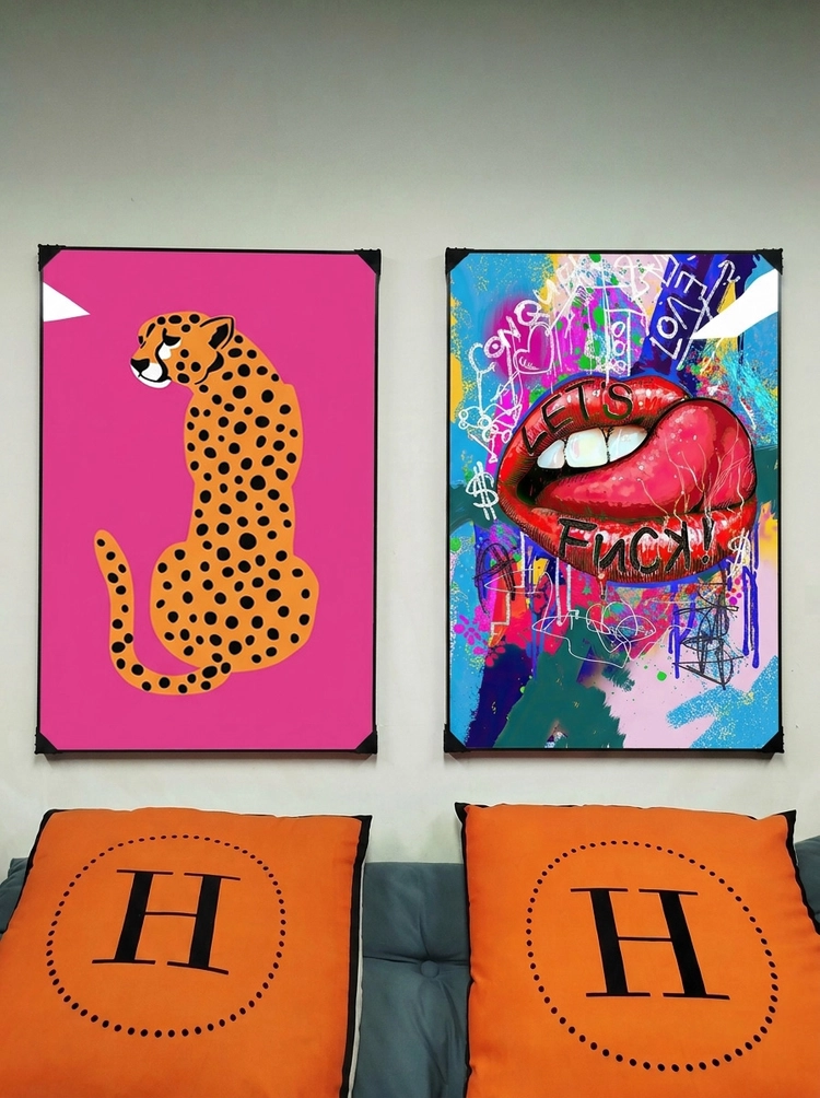 그림 액자 팝아트 인테리어소품 치타그림 표범액자 입술그림 립아트 2종 세트 대형 거실 벽걸이 장식용 모던 아트 포스 이미지