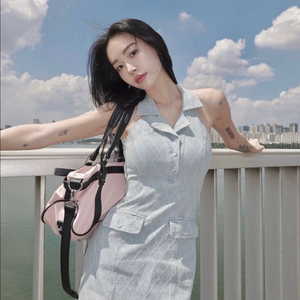 (새상품) 페일제이드 데님 자카드 홀터 드레스 원피스 연청 S 이미지