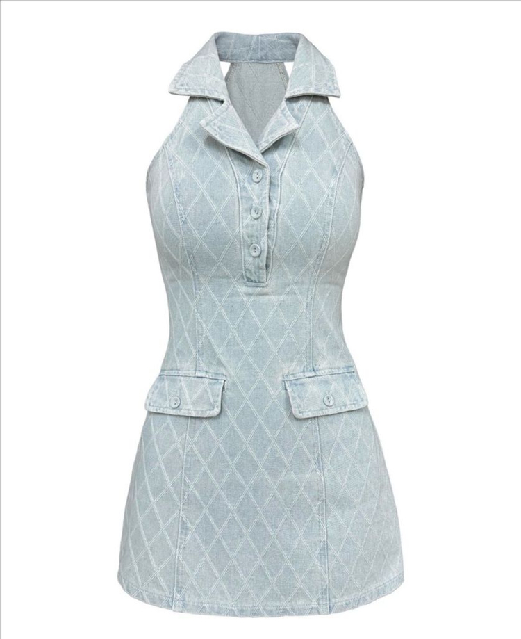 (새상품) 페일제이드 데님 자카드 홀터 드레스 원피스 연청 S 이미지