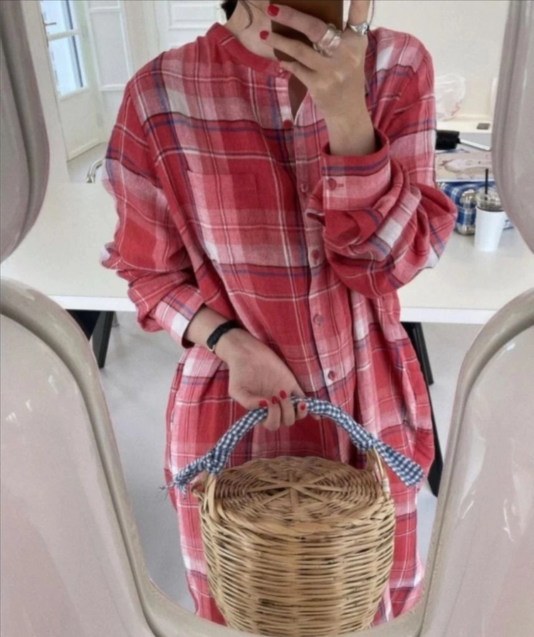 위꼬모 Lemare 린넨100% 체크 롱 셔츠 드레스 원피스 다홍 로브 자켓 간절기 이미지