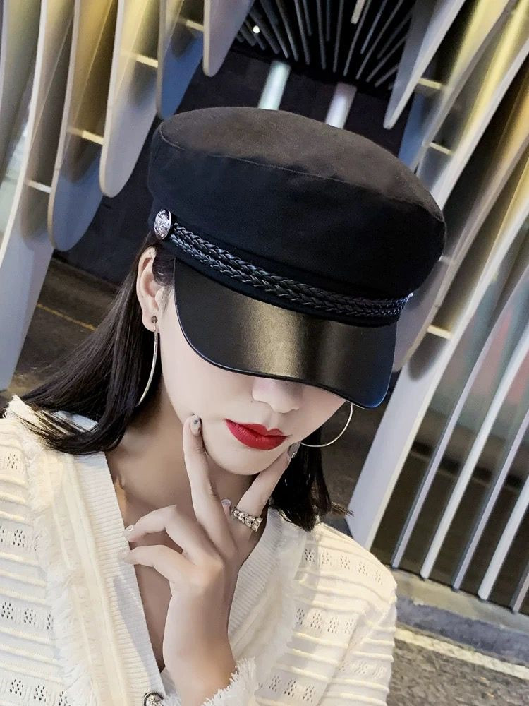 블랙 레더 캡 모자 헌팅캡 이미지