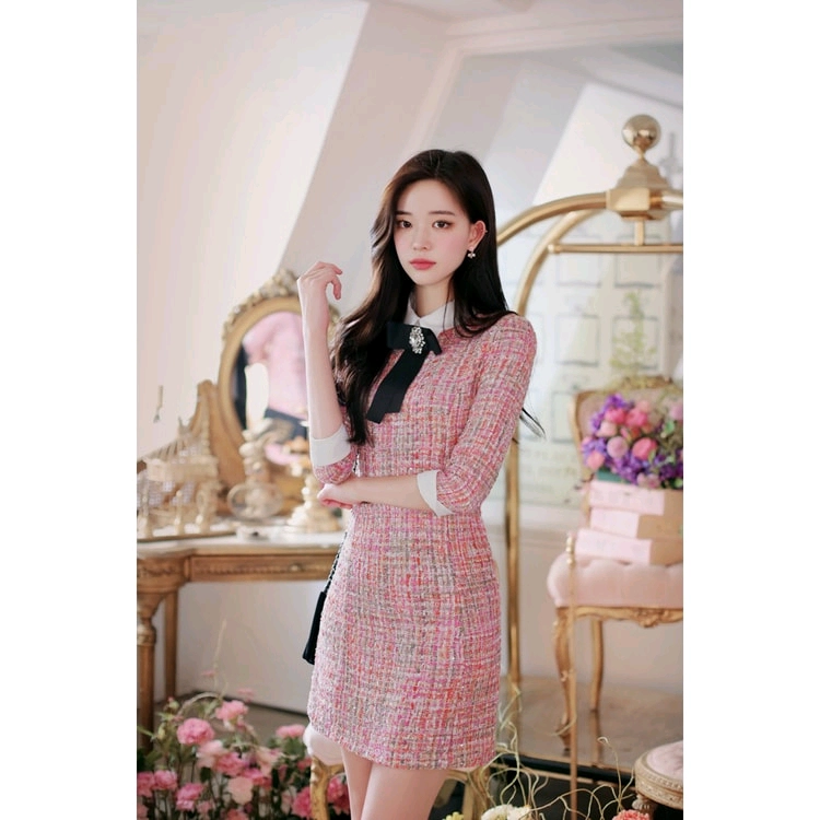 핑크 트위드 원피스 아뜨랑스 오드리버블 드레스 분홍 하객룩 파티룩 데이트룩 카라 봄 이미지