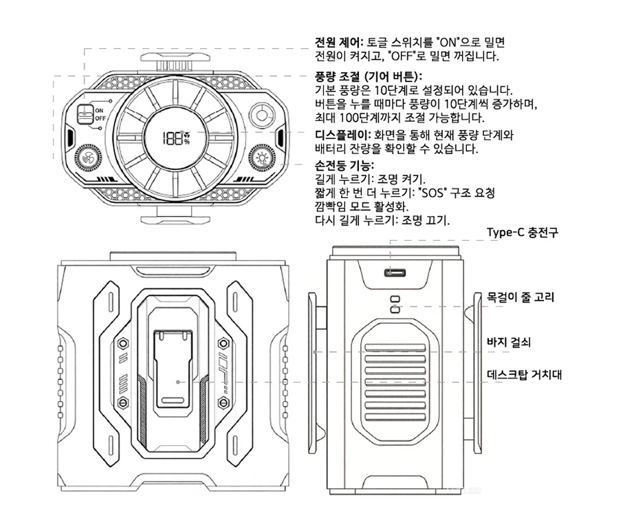 무더위 두손이 자유로운 핸즈프리 허리선풍기 등산 건설현장 캠핑 이미지