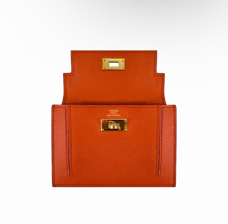 에르메스 여성 켈리 포켓 컴팩트 앱송 카드 지갑 월릿 금장 오렌지 이미지