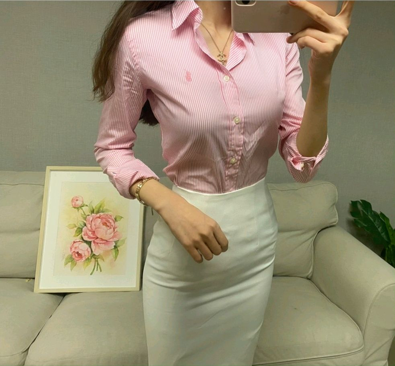 [정품] 폴로 랄프로렌 여성 연핑크 스트라이프 셔츠 이미지