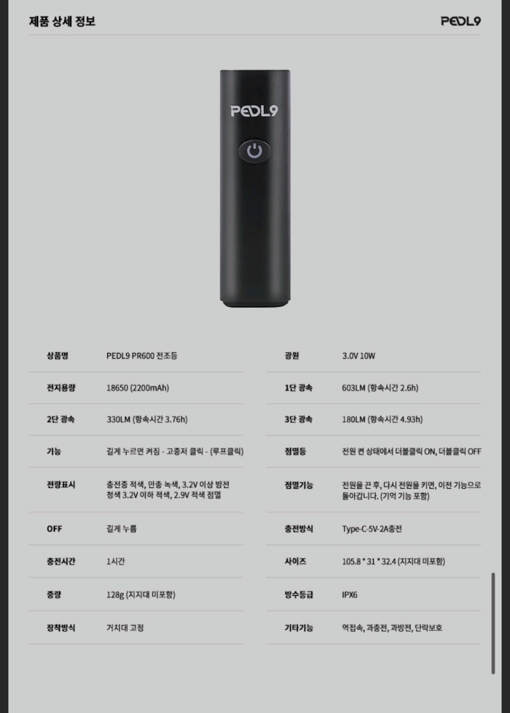 [미사용 새상품] PEDL9 자전거 전조등 PR600 라이트 로드 MTB 이미지